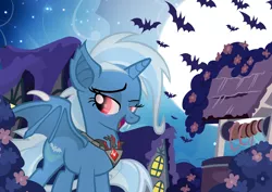 Size: 1200x848 | Tagged: safe, artist:pixelkitties, derpibooru import, trixie, alicorn, bat, bat pony, bat pony alicorn, pony, bats!, alicorn amulet, alicornified, bat ponified, bat wings, fangs, female, horn, image, mare, png, race swap, red eyes, solo, trixiebat, trixiecorn, wing claws, wings