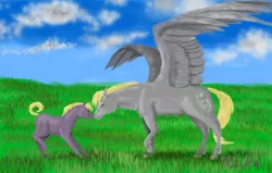 Size: 616x392 | Tagged: artist needed, safe, derpibooru import, derpy hooves, dinky hooves, horse, pegasus, pony, boop, cloud, cloudy, cute, derpabetes, dinkabetes, equestria's best mother, eyes closed, female, foal, grass, mare, noseboop, raised hoof, realistic, sky, smiling, spread wings, wings