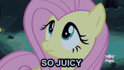 Size: 576x324 | Tagged: safe, derpibooru import, edit, fluttershy, bird, chicken, bats!, animated, bread, caption, drool, eye, eyes, food, hub logo, hubble, hungry, lettuce, meat, meme, mouth, not porn, onion, ponies eating meat, sandwich, sandwich censorship, tomato, tongue out