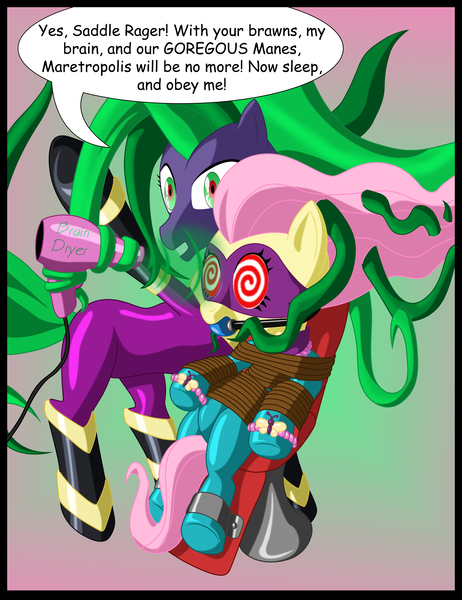 Size: 2697x3500 | Tagged: artist:kaozkaoz, ballgag, bondage, brainwashing, comic book, derpibooru import, fetish, fluttershy, gag, hair dryer, hypnosis fetish, mane-iac, mind control, misspelling, power ponies, power ponies (episode), saddle rager, suggestive