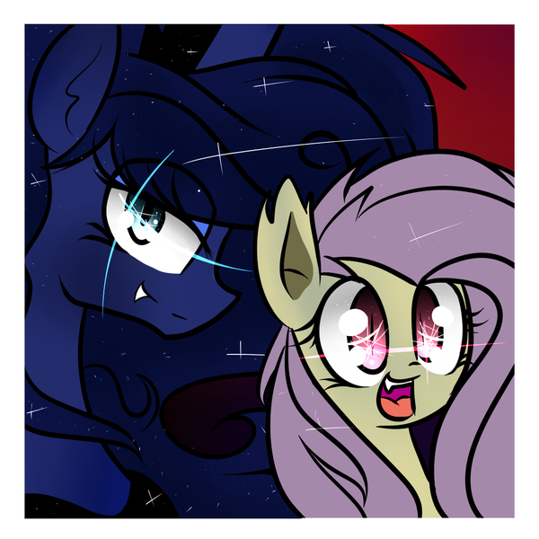 Size: 1100x1100 | Tagged: safe, artist:jankrys00, derpibooru import, fluttershy, princess luna, bat pony, pony, bats!, bat ponified, fangs, flutterbat, looking at you, messy mane, moonbat, open mouth, race swap, smiling, sparkles