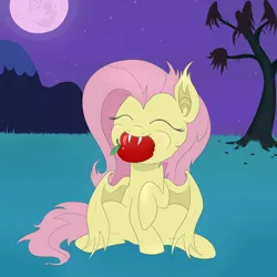 Size: 2500x2500 | Tagged: safe, artist:fluttershyfree, derpibooru import, fluttershy, bat pony, pony, bats!, apple, bat ponified, eyes closed, flutterbat, food, mare in the moon, moon, mouth hold, night, race swap, solo, tree