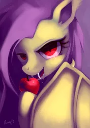 Size: 700x990 | Tagged: safe, artist:amy30535, derpibooru import, fluttershy, bat pony, pony, bats!, apple, bat ponified, fangs, flutterbat, food, race swap, solo