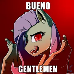 Size: 610x610 | Tagged: safe, artist:xonitum, derpibooru import, fluttershy, bat pony, pony, bats!, bat ponified, bueno, caption, flutterbat, image macro, race swap, solo, text