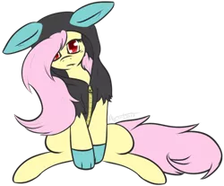 Size: 1024x848 | Tagged: safe, artist:xmystia, derpibooru import, fluttershy, bat pony, pony, bats!, bat ponified, bunny ears, clothes, costume, dangerous mission outfit, fangs, female, flutterbat, goggles, hoodie, looking at you, mare, race swap, solo