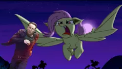 Size: 1920x1080 | Tagged: safe, derpibooru import, edit, edited screencap, screencap, fluttershy, bat pony, human, bats!, bat ponified, fangs, flutterbat, flutterbat attack, flying, irl, irl human, meme, moon, nicolas cage, night, photo, race swap