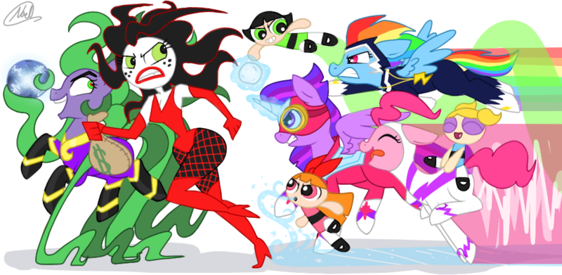 Size: 1024x500 | Tagged: safe, artist:mc10215, derpibooru import, fili-second, mane-iac, masked matter-horn, pinkie pie, rainbow dash, twilight sparkle, twilight sparkle (alicorn), zapp, alicorn, pony, power ponies (episode), clothes, costume, crossover, electro orb, female, magic, mare, power ponies, sedusa, the powerpuff girls