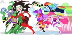 Size: 1024x500 | Tagged: safe, artist:mc10215, derpibooru import, fili-second, mane-iac, masked matter-horn, pinkie pie, rainbow dash, twilight sparkle, twilight sparkle (alicorn), zapp, alicorn, pony, power ponies (episode), clothes, costume, crossover, electro orb, female, magic, mare, power ponies, sedusa, the powerpuff girls