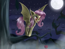 Size: 2000x1500 | Tagged: safe, artist:sirzi, derpibooru import, fluttershy, bat pony, pony, bats!, apple, bat ponified, flutterbat, food, moon, night, race swap, solo, stars, tree