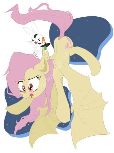 Size: 949x1275 | Tagged: safe, artist:yoshii-hikari, derpibooru import, angel bunny, fluttershy, bat pony, pony, vampire, bats!, bat ponified, bunnicula, carrot, flutterbat, food, race swap