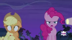 Size: 1280x720 | Tagged: safe, derpibooru import, screencap, applejack, pinkie pie, pony, bats!, about to faint, animation error, derp, error, eye, eyes, faic, flashlight (object), floppy ears, glitch, open mouth, prehensile mane, serious, serious face, silly, silly pony, who's a silly pony
