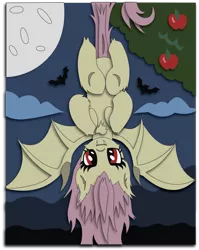 Size: 829x1040 | Tagged: safe, artist:the-paper-pony, derpibooru import, fluttershy, bat, bat pony, pony, bats!, apple, bat ponified, flutterbat, food, hanging, moon, race swap, solo, tree, upside down