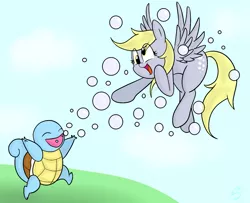 Size: 1171x952 | Tagged: safe, artist:silver1kunai, derpibooru import, derpy hooves, pegasus, pony, squirtle, bubble, crossover, female, flying, mare, pokémon