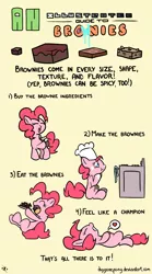 Size: 2500x4500 | Tagged: artist:doggonepony, baking, brownies, chef's hat, cute, derpibooru import, diapinkes, eating, food, guide, hat, heart, oven, pinkie pie, recipe, safe