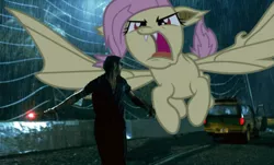 Size: 666x401 | Tagged: safe, derpibooru import, edit, fluttershy, bat pony, human, pony, bats!, bat ponified, car, fangs, flare, flutterbat, flutterbat attack, ian malcolm, irl, irl human, jeff goldblum, jungle, jurassic park, meme, photo, ponies in real life, race swap, rain