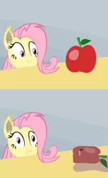 Size: 500x818 | Tagged: safe, derpibooru import, fluttershy, bat pony, pony, bats!, apple, bat ponified, comic, everything is ruined, exploitable meme, flutterbat, food, meme, pure unfiltered evil, race swap, spill, spilled milk, that pony sure does love apples