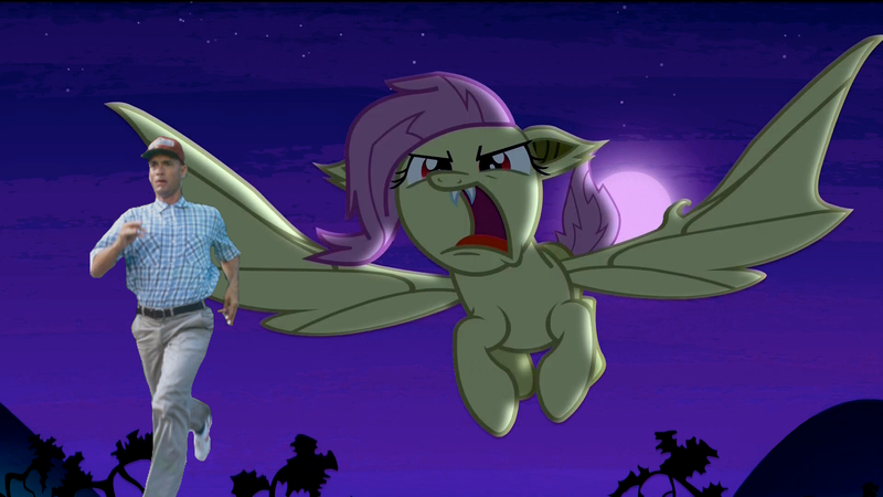 Size: 1920x1080 | Tagged: safe, derpibooru import, edit, edited screencap, screencap, fluttershy, bat pony, human, bats!, bat ponified, fangs, flutterbat, flutterbat attack, flying, forrest gump, irl, irl human, meme, moon, night, photo, race swap, run forrest run, tom hanks