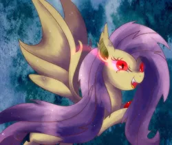 Size: 950x800 | Tagged: safe, artist:kemonomo, derpibooru import, fluttershy, bat pony, pony, bats!, apple, bat ponified, fangs, flutterbat, food, glowing eyes, looking at you, open mouth, pixiv, race swap, smiling, solo, spread wings, wings