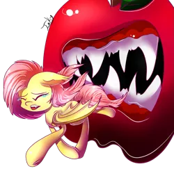 Size: 823x800 | Tagged: safe, artist:inky-pinkie, derpibooru import, fluttershy, bat pony, pony, bats!, apple, bat ponified, crying, fangs, flutterbat, food, open mouth, race swap, revenge, role reversal, running, scared