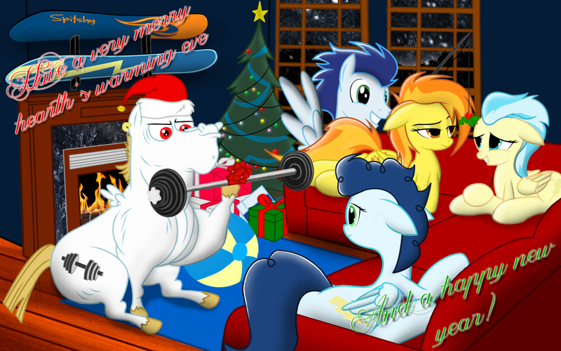 Size: 1680x1050 | Tagged: artist:spitshy, barbell, bulk biceps, christmas, derpibooru import, hat, high winds, holiday, misty fly, safe, santa hat, soarin', spitfire, wonderbolts