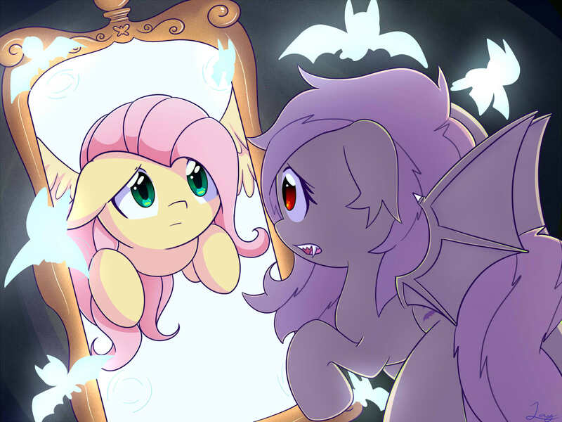 Size: 2000x1500 | Tagged: safe, artist:joyfulinsanity, derpibooru import, fluttershy, bat pony, pony, bats!, bat ponified, flutterbat, mirror, race swap