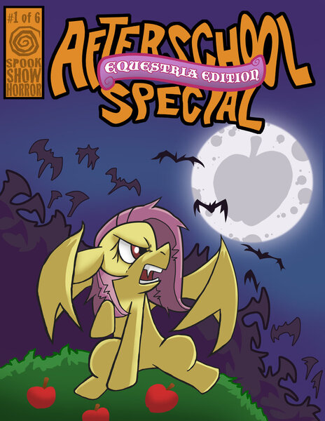 Size: 1024x1325 | Tagged: safe, artist:sonicboy112, derpibooru import, fluttershy, bat, bat pony, pony, bats!, apple, bat ponified, cover, flutterbat, food, moon, night, race swap, solo