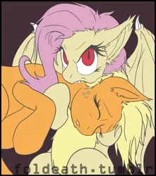 Size: 840x950 | Tagged: semi-grimdark, artist:foldeath, derpibooru import, applejack, fluttershy, bat pony, earth pony, pony, vampire, bats!, bad end, bat ponified, biting, death, duo, female, flutterbat, flutterbat biting applejack, mare, race swap, wip