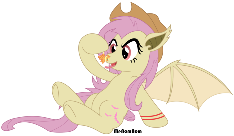 Size: 1024x596 | Tagged: questionable, artist:mr-nomnom, derpibooru import, applejack, fluttershy, bat pony, pony, accessory theft, applejack's hat, appletini, bat ponified, cowboy hat, female, females only, fetish, flutterbat, flutterpred, hat, imminent vore, kitchen eyes, micro, race swap, simple background, spread wings, tongue out, transparent background, vorepire, wings