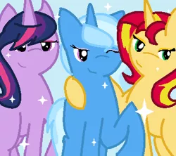 Size: 380x337 | Tagged: safe, artist:now-you-see-us, derpibooru import, sunset shimmer, trixie, twilight sparkle, pony, counterparts, magical trio, one eye closed, tumblr, twilight's counterparts, wink