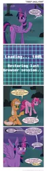 Size: 600x2189 | Tagged: suggestive, artist:deusexequus, derpibooru import, applejack, pinkie pie, twilight sparkle, twilight sparkle (alicorn), alicorn, pony, bats!, awkward, blushing, caught, comic, female, implied sex, magic, mare, parody, scene parody, spread wings, wingboner, wings