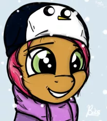Size: 720x818 | Tagged: adventure time, artist:magicalhoney, babs seed, clothes, cute, derpibooru import, gunter (adventure time), hat, safe, scarf, snow, snowfall, solo