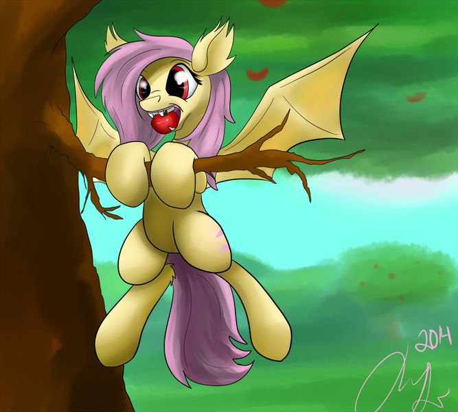 Size: 900x810 | Tagged: safe, artist:jinyaranda, deleted from derpibooru, derpibooru import, fluttershy, bat pony, pony, bats!, apple, bat ponified, cute, eating, flutterbat, food, hanging, happy, mouth hold, race swap, smiling, solo, spread wings, tree, wings