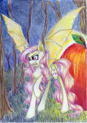 Size: 1600x2253 | Tagged: safe, artist:iceminth, derpibooru import, fluttershy, bat pony, pony, bats!, apple, bat ponified, fangs, flutterbat, food, night, race swap, solo, traditional art, tree