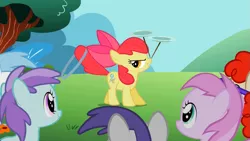 Size: 969x545 | Tagged: apple bloom, applecore, cotton cloudy, derpibooru import, liza doolots, loop-de-hoop, petunia, piña colada, plate spinning, safe, screencap, the cutie pox, tootsie flute, tornado bolt, twist