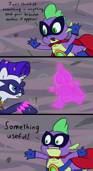 Size: 776x1415 | Tagged: artist:danielpon, clothes, comic, costume, derpibooru import, humdrum, implied shipping, implied sparity, implied straight, power ponies, power ponies (episode), radiance, rarity, safe, self deprecation, spike