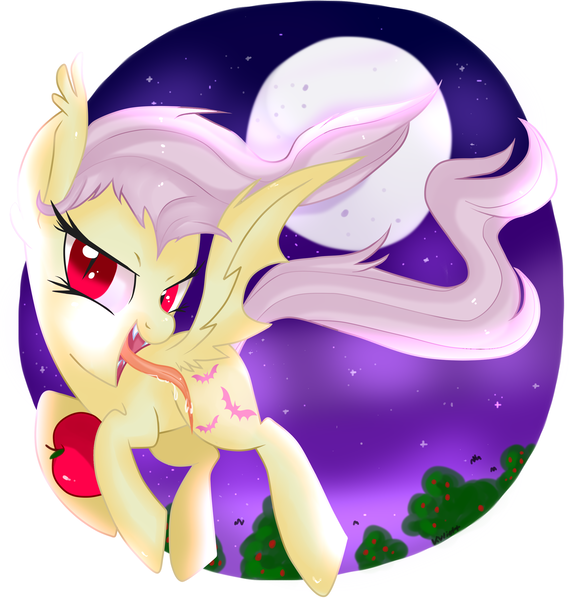 Size: 2497x2599 | Tagged: safe, artist:suzuii, derpibooru import, fluttershy, bat, bat pony, pony, bats!, apple, bat ponified, flutterbat, flying, food, moon, night, race swap, solo