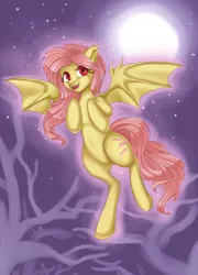 Size: 1984x2760 | Tagged: safe, artist:misukitty, derpibooru import, fluttershy, bat pony, pony, bats!, bat ponified, flutterbat, flying, moon, night, race swap, solo, stars, tree