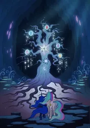 Size: 2480x3508 | Tagged: safe, artist:cmaggot, derpibooru import, princess celestia, princess luna, tree of harmony, alicorn, pony, princess twilight sparkle (episode), butt, cave of harmony, duo, element of generosity, element of honesty, element of kindness, element of laughter, element of loyalty, female, mare, plot, royal sisters, scene interpretation, siblings, sisters