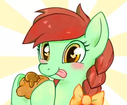 Size: 720x600 | Tagged: safe, artist:ponjii, derpibooru import, candy apples, apple family member, apple fritter (food), blushing, food, heart eyes, solo, wingding eyes