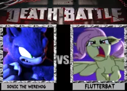 Size: 1008x720 | Tagged: safe, derpibooru import, edit, fluttershy, bat pony, pony, bats!, bat ponified, crossover, death battle, exploitable meme, flutterbat, meme, race swap, sonic the hedgehog, sonic the hedgehog (series), sonic the werehog, sonic unleashed