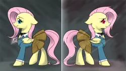 Size: 1600x900 | Tagged: safe, artist:funnyfany, derpibooru import, fluttershy, bat pony, pegasus, pony, bats!, bat ponified, clothes, crossover, flutterbat, moka akashiya, mokashy, parody, race swap, rosario to vampire, solo