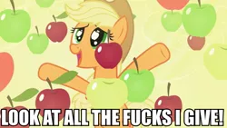 Size: 960x540 | Tagged: safe, artist:gray-gold, derpibooru import, applejack, pony, bats!, season 4, apple, apple rain, cute, food, look at all the fucks i give, meme, open mouth, silly, silly pony, smiling, solo, that pony sure does love apples, vulgar, wingding eyes