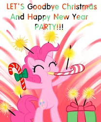Size: 500x600 | Tagged: safe, artist:apzzang, derpibooru import, pinkie pie, pony, ask-grow-pinkie, bipedal, candy, candy cane, food, party horn, present, solo, sparkler (firework), sparklers