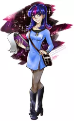 Size: 880x1443 | Tagged: artist:ddhew, boots, clothes, cosplay, costume, derpibooru import, high heel boots, human, humanized, light skin, safe, shoes, solo, star trek, star trek (tos), tricorder (tos), twilight sparkle, uniform