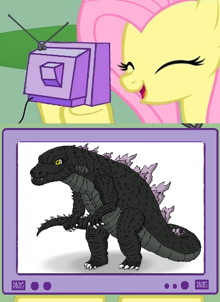 Size: 563x771 | Tagged: artist:hedgehogninja94, artist:johng117, derpibooru import, exploitable meme, fluttershy, godzilla, godzilla 2014, godzilla junior, godzilla (series), kaiju, meme, obligatory pony, safe, tv meme