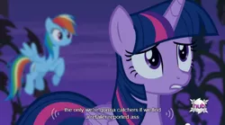 Size: 640x355 | Tagged: safe, derpibooru import, edit, edited screencap, screencap, rainbow dash, twilight sparkle, twilight sparkle (alicorn), alicorn, pony, bats!, caption, female, mare, meme, mlp-captions, youtube caption