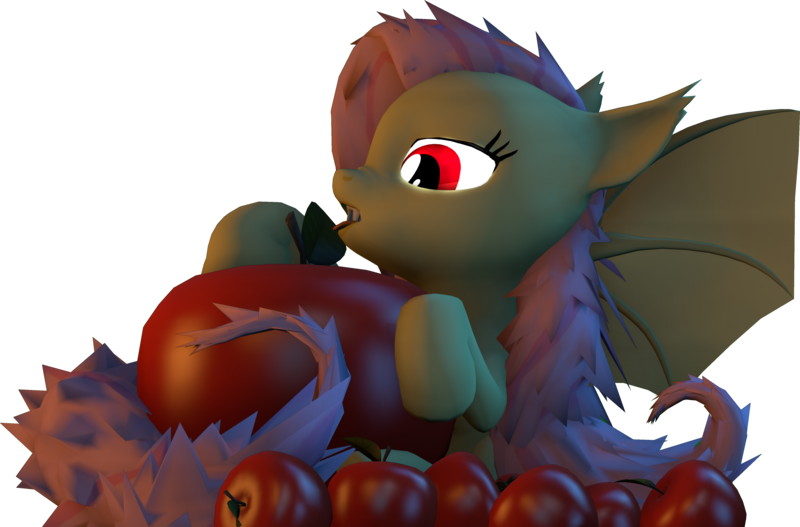 Size: 4673x3077 | Tagged: safe, artist:drdicksamazingstick, derpibooru import, fluttershy, bat pony, pony, bats!, 3d, apple, bat ponified, flutterbat, food, race swap