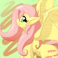 Size: 1000x1000 | Tagged: safe, artist:ragurimo, derpibooru import, fluttershy, bat pony, pony, bats!, bat ponified, cute, cute little fangs, fangs, flutterbat, looking at you, looking back, pixiv, race swap, solo, spread wings, wings