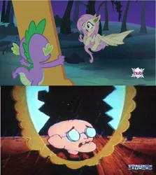 Size: 912x1024 | Tagged: safe, derpibooru import, screencap, fluttershy, spike, bat pony, pony, bats!, bat ponified, cartoon network, courage the cowardly dog, eustace bagge, exploitable meme, flutterbat, flutterbat's mirror, hub logo, meme, mirror, race swap