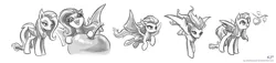 Size: 2200x500 | Tagged: safe, artist:kp-shadowsquirrel, derpibooru import, fluttershy, bat pony, pony, bats!, apple, bat ponified, fangs, flutterbat, flying, food, giant apple, licking, licking lips, monochrome, race swap, sketch, sketch dump, tongue out